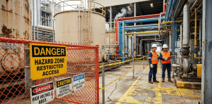 An orange chain-link fence with a large yellow sign reading "DANGER HAZARD ZONE RESTRICTED ACCESS" stands in the foreground of a chemical or industrial plant.