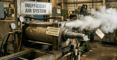 An industrial machine with a large pneumatic cylinder vigorously venting a thick blast of white compressed air. A sign above reads "INEFFICIENT AIR SYSTEM" and a tag attached to the cylinder is labeled "OVERSIZED CYLINDER (WASTING AIR)".