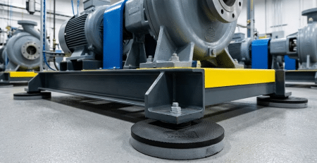 Heavy-duty industrial machinery pump assembly mounted on circular black OEM vibration isolation pads to reduce noise and mechanical wear.